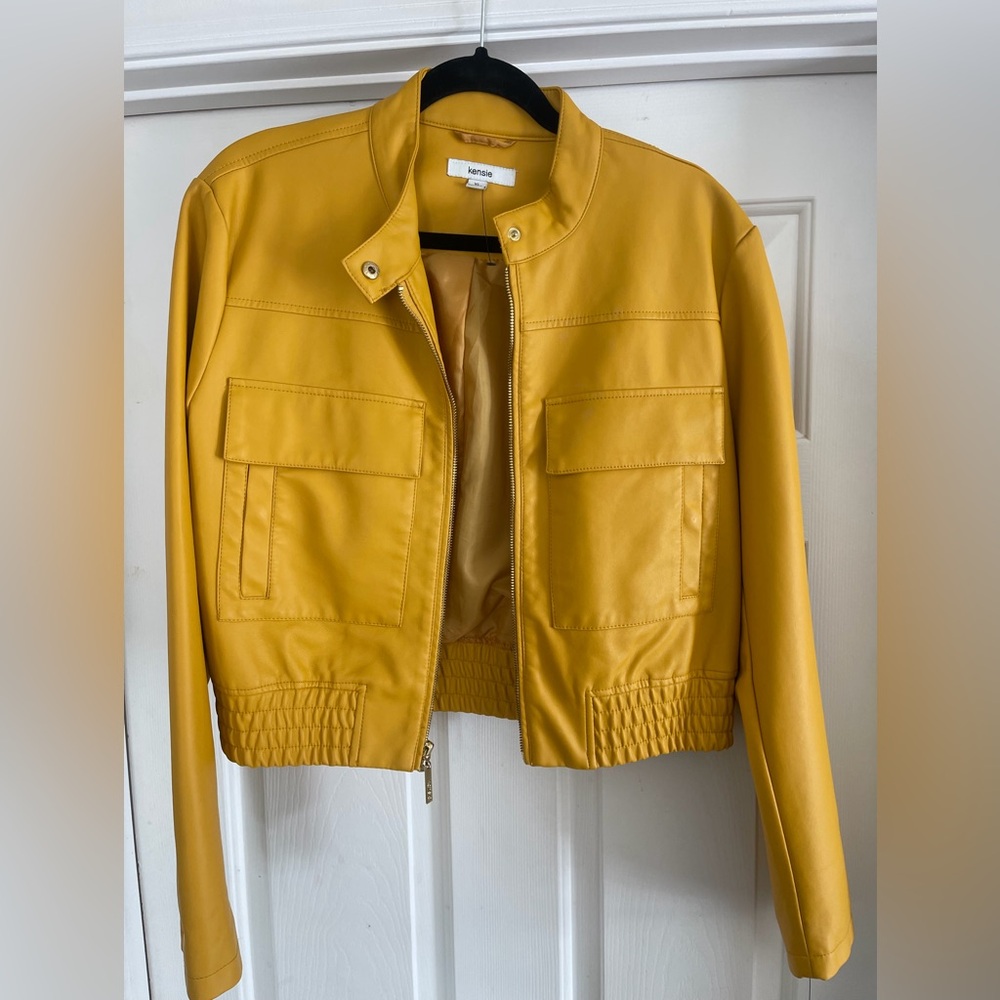 Kensie Yellow/ Mustard Faux Leather Cropped Moto Jacket Size XL NWT